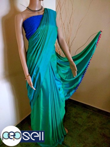 Soft silk  dual tone saree  with pompom pallu ... heavy work net meterial blouse peice  - Kerala Kochi 2 