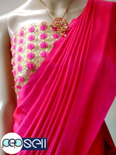 Soft silk  dual tone saree  with pompom pallu ... heavy work net meterial blouse peice  - Kerala Kochi 4 