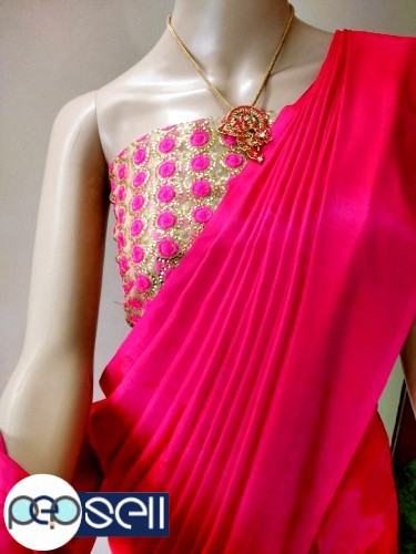 Soft silk  dual tone saree  with pompom pallu ... heavy work net meterial blouse peice  - Kerala Kochi 5 